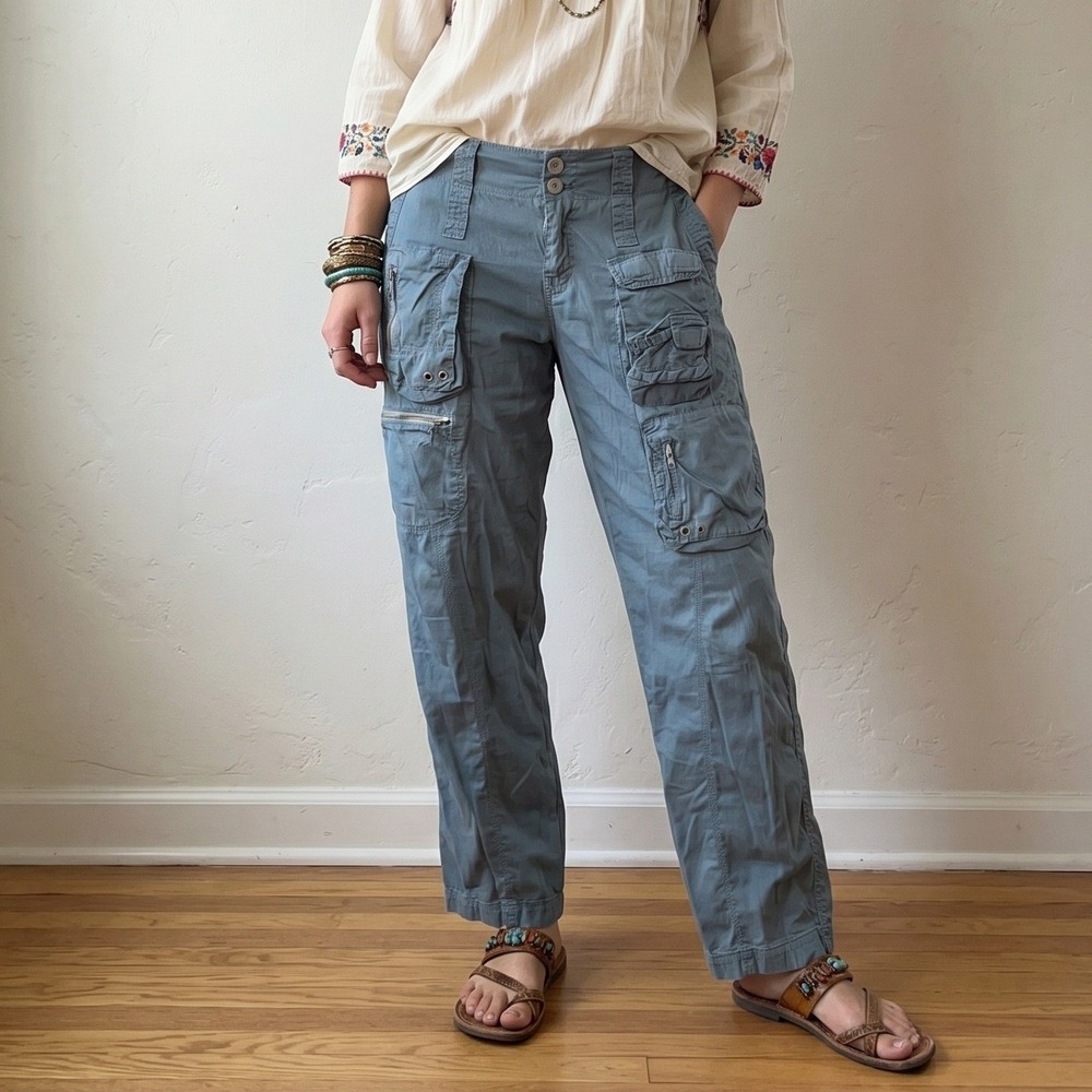 Johnny Was Pete & Greta Cargo Pants Womens 6 Blue Multi-Pocket Utilitarian Y2K